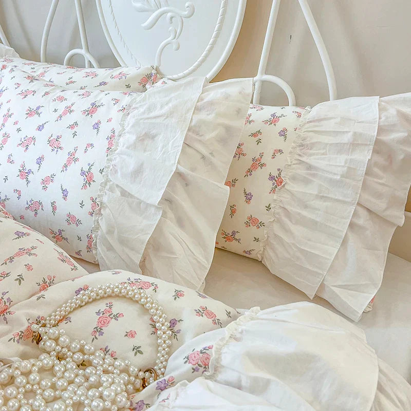 Afralia™ Cotton Floral Print Bedding Set with Pleat Lace Ruffles, 4-Piece Ensemble