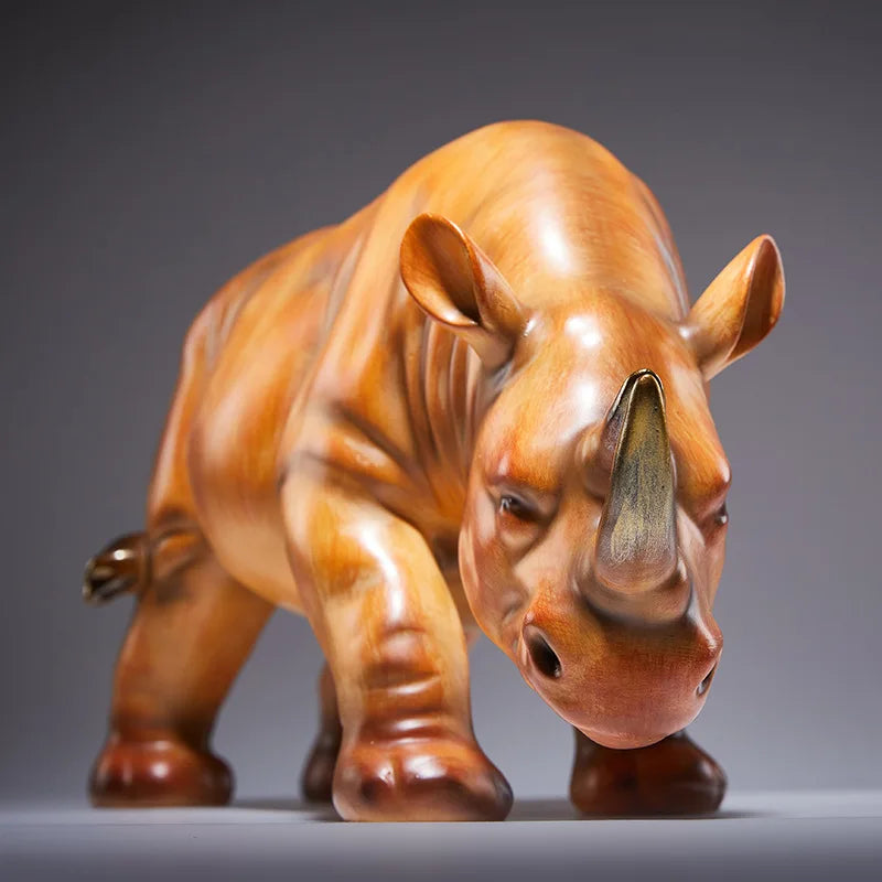 Afralia™ Wood-grain Rhinoceros & Hippopotamus Sculptures Home Decor Figurines