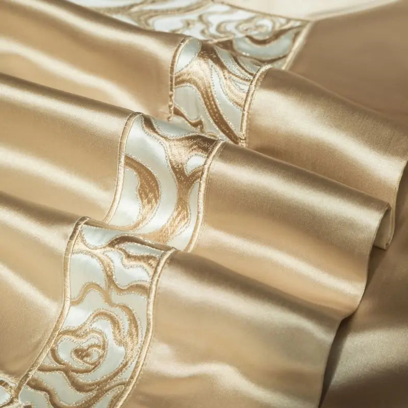 Afralia™ Satin Brocade Luxe Embroidery Bedding Set Champagne Cotton Duvet Cover Bed Sheet Pillowcases
