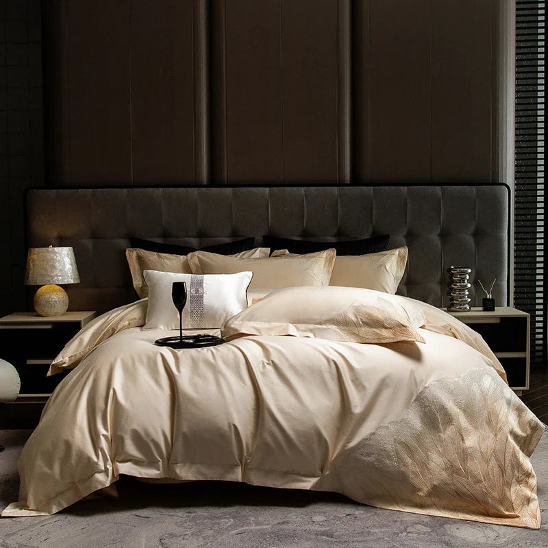 Afralia™ Luxury Feather Embroidery Bedding Set in 1000TC Egyptian Cotton, Queen King Size