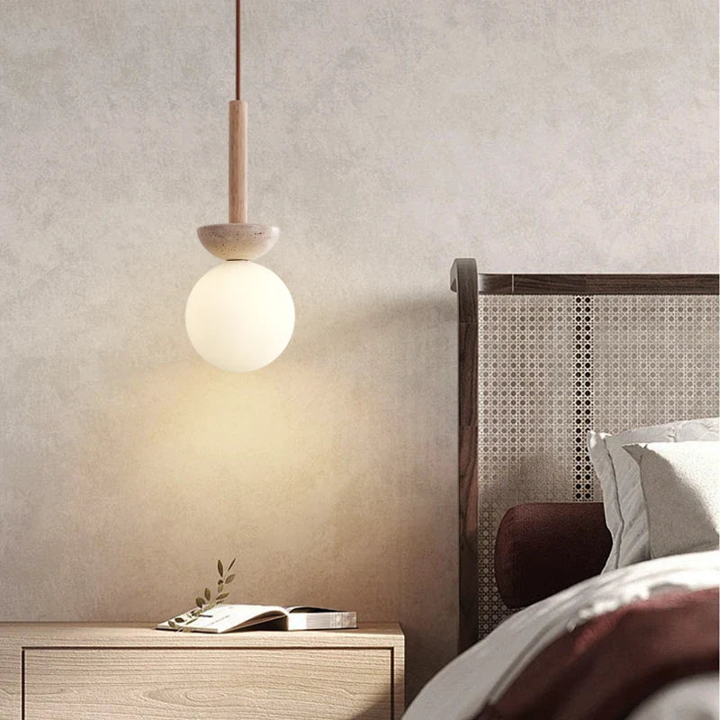 Afralia™ White Glass LED Pendant Lights Modern Yellow Travertine Wood Hang Lamp