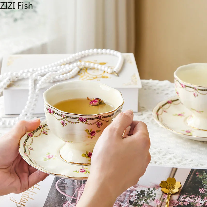 Afralia™ Floral Ceramic Cup & Saucer Set, Elegant Tea & Coffee Mug for Dining Table