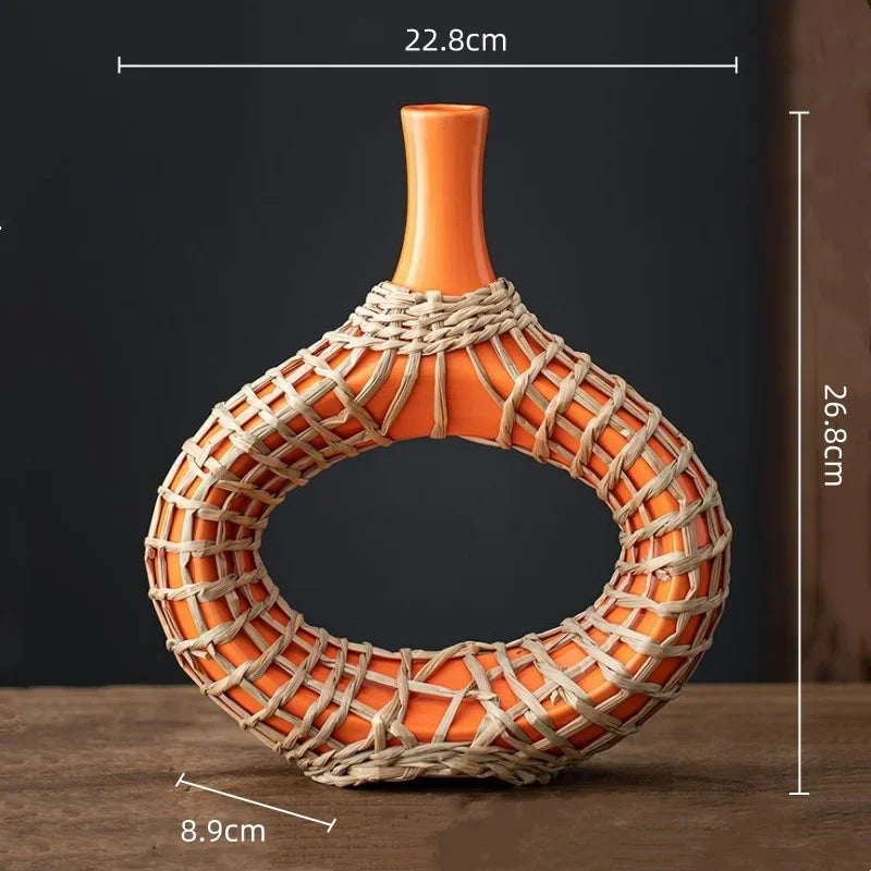 Afralia™ Rattan Vase: Geometric Ceramic & Straw Plaited Floral Arrangement Home Decor