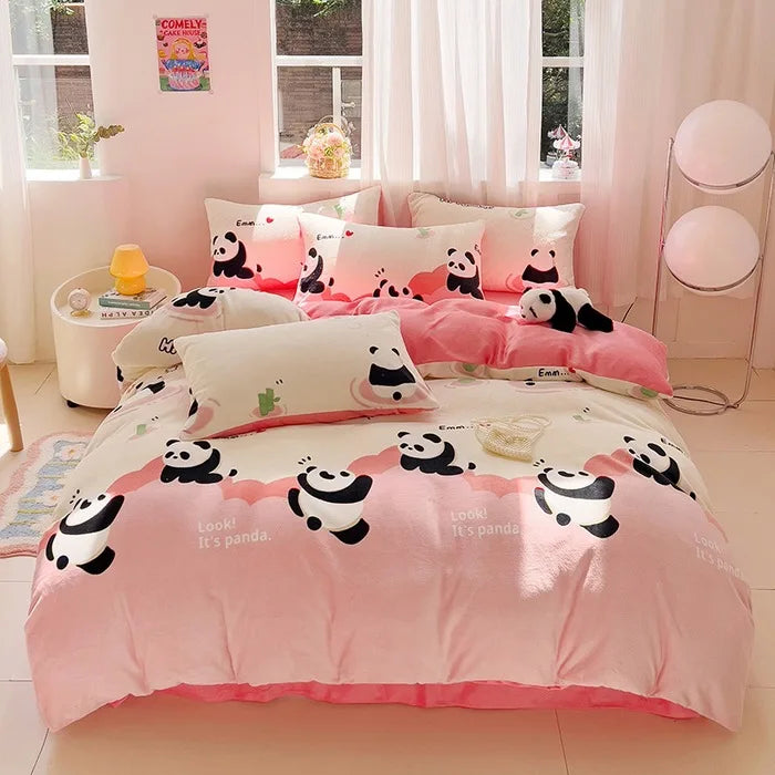 Afralia™ Snowflake Velvet Cute Cartoon Flower Bedding Set for Single Queen