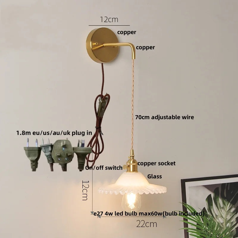 Afralia™ Glass LED Wall Light Fixture with Adjustable Wire, Pull Chain Switch for Bedroom, Coffee Shop