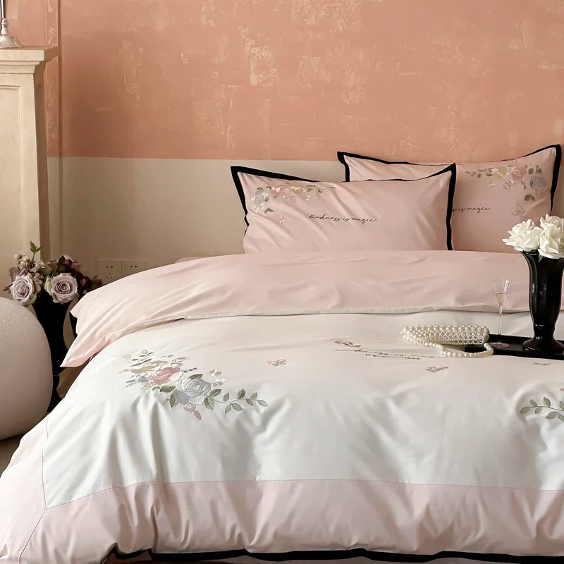 Afralia™ Pink Blue Flowers 4Pcs Princess Bedding Set Embroidered Duvet Cover Sheets
