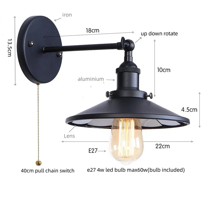 Afralia™ Vintage LED Wall Lights Pull Chain Lens Stair Aisle Bedside Lamp Iron Lightings