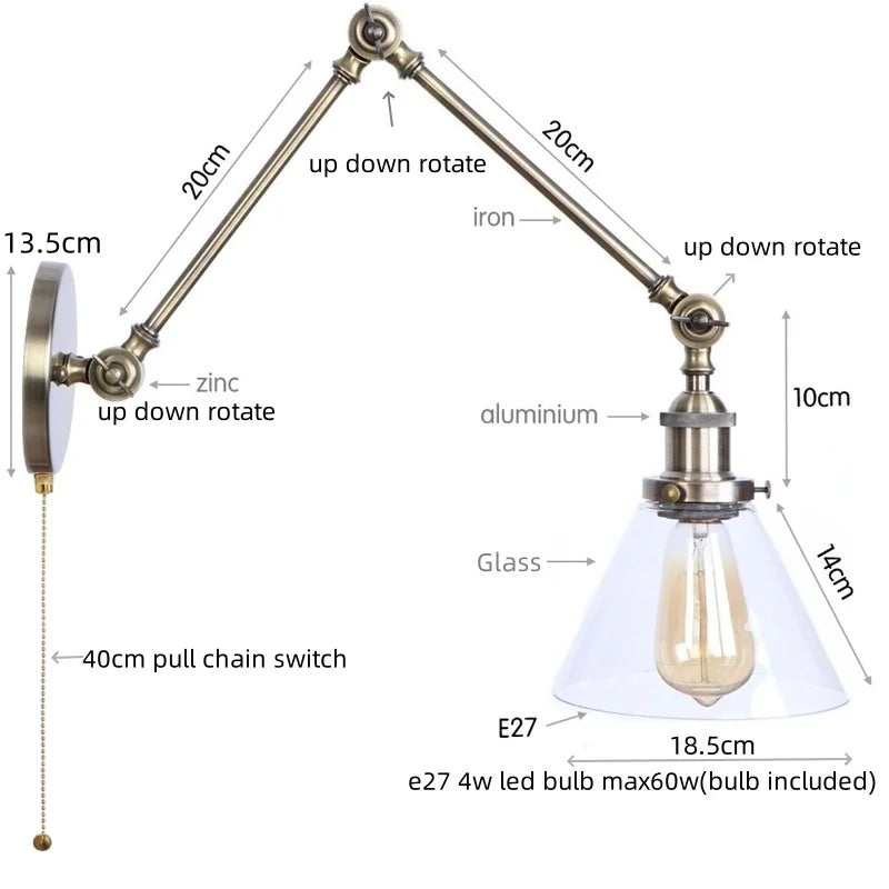 Afralia™ Vintage Industrial LED Wall Light with Clear Glass Shade & Adjustable Long Arm