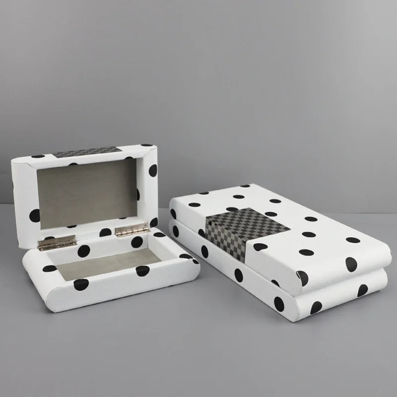 Afralia™ Black & White Polka Dot Leather Storage Box | Geometric Pattern Desktop Organizer