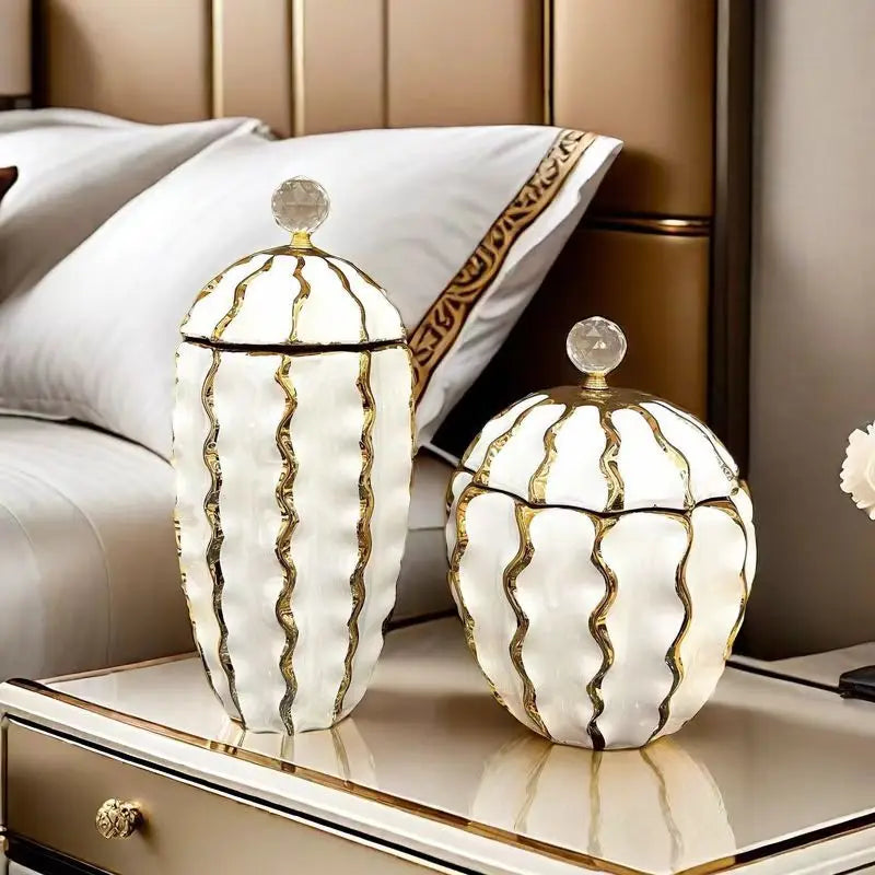 Afralia™ Golden Checkmate Ceramic Pot Vase Wavy Gilt Storage Tank