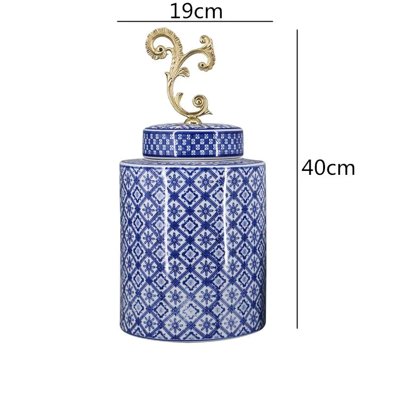 Afralia™ Blue & White Porcelain Covered Vase Jar: Retro Chinese Home Decor Flower Arrangement & Organization