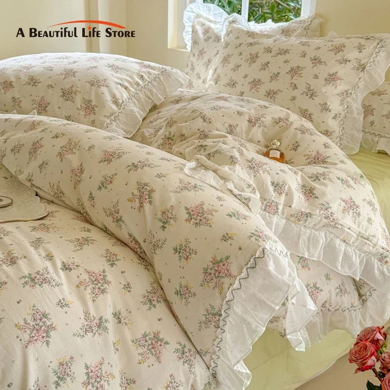 Afralia™ Floral Lace Ruffle Cotton Bedding Set with Quilt Cover, Duvet Cover, and Pillowcases