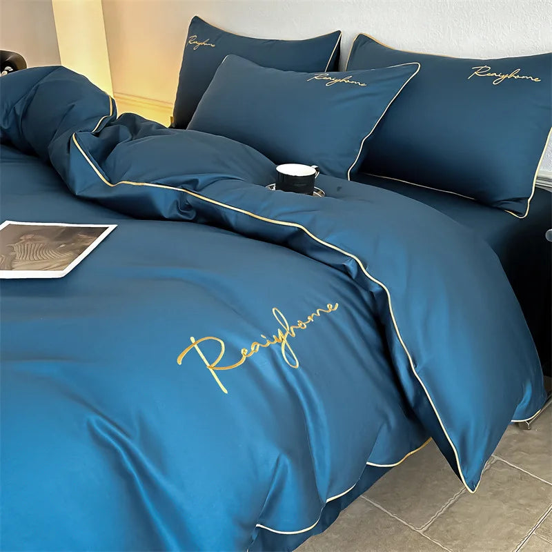 Afralia™ Pure Cotton Luxury Embroidery Bedding Set - Nordic Solid Color Duvet Bedclothes
