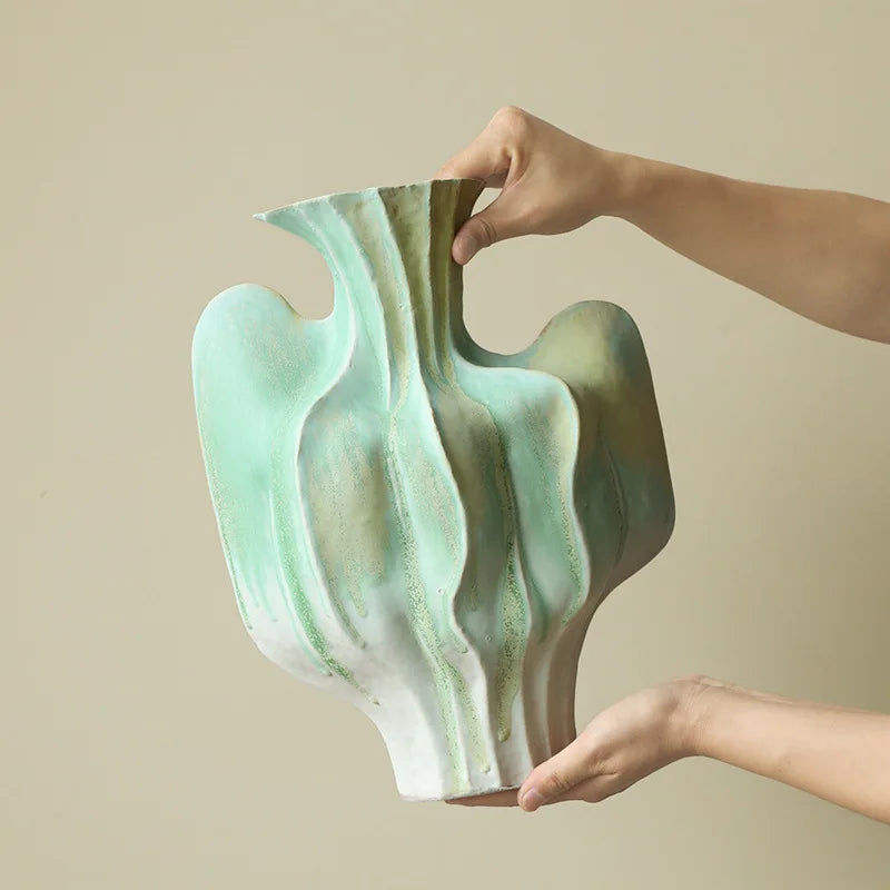 Afralia™ Geometric Ceramic Vase with Abstract Irregular Folds | Home Decor Handicrafts
