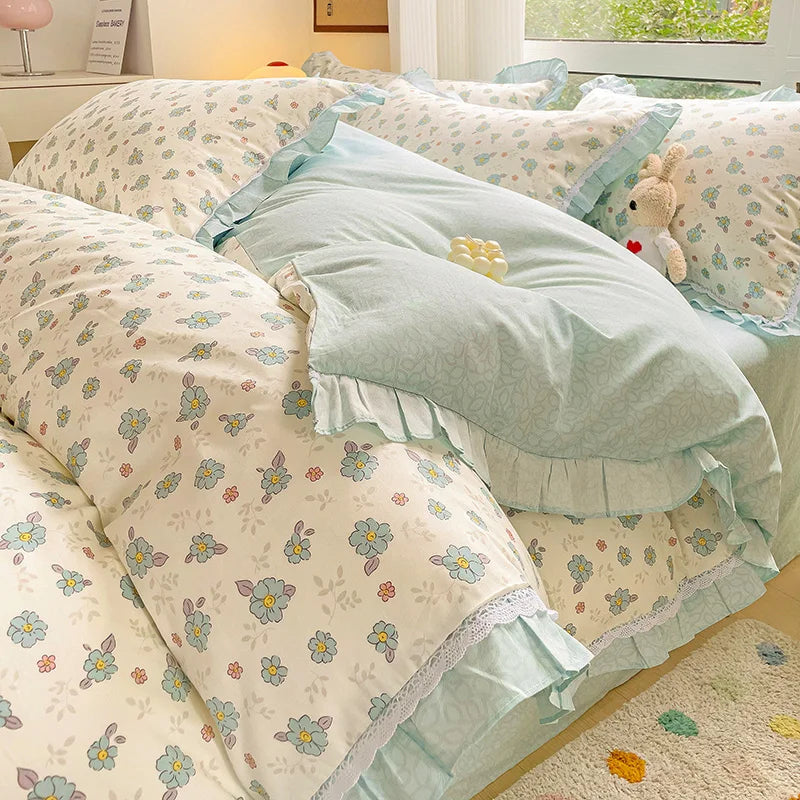 Afralia™ Floral Ruffles Bedding Set with Duvet Cover, Sheets, and Pillowcases