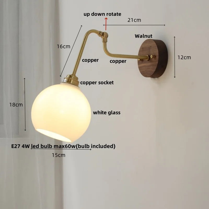 Afralia™ Rotating Copper LED Wall Light with Pull Chain Switch and Walnut Base