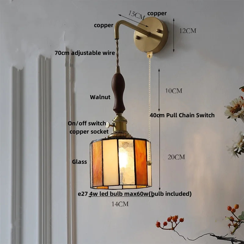 Afralia™ Vintage LED Wall Lights Walnut Wood Pull Chain Switch Mirror Light