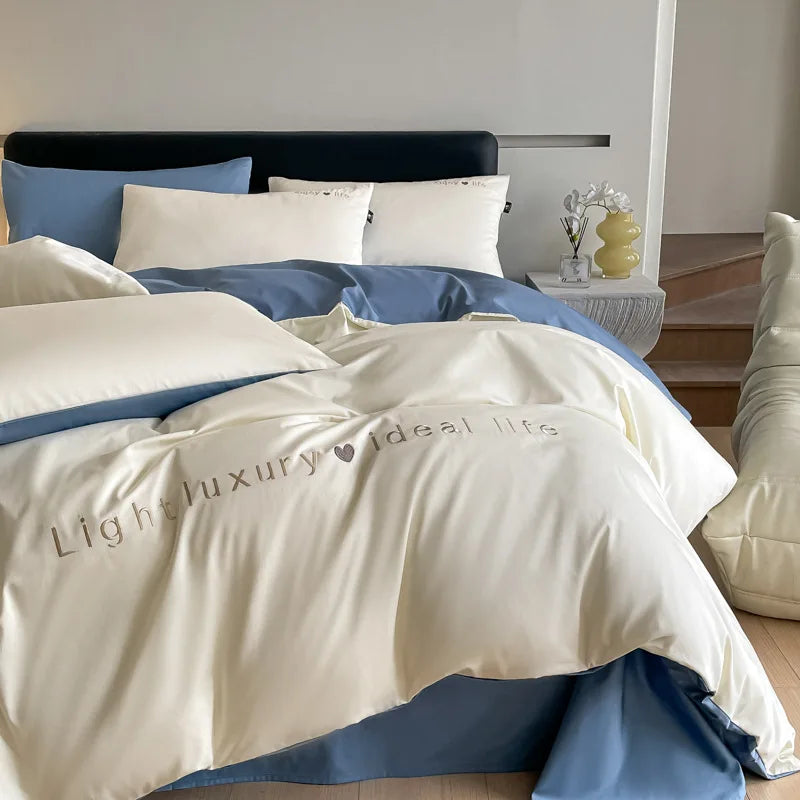 Afralia™ Pure Cotton Embroidered Bed Sets Solid Color Fitted Sheet Kit, Cozy Comforter Sets