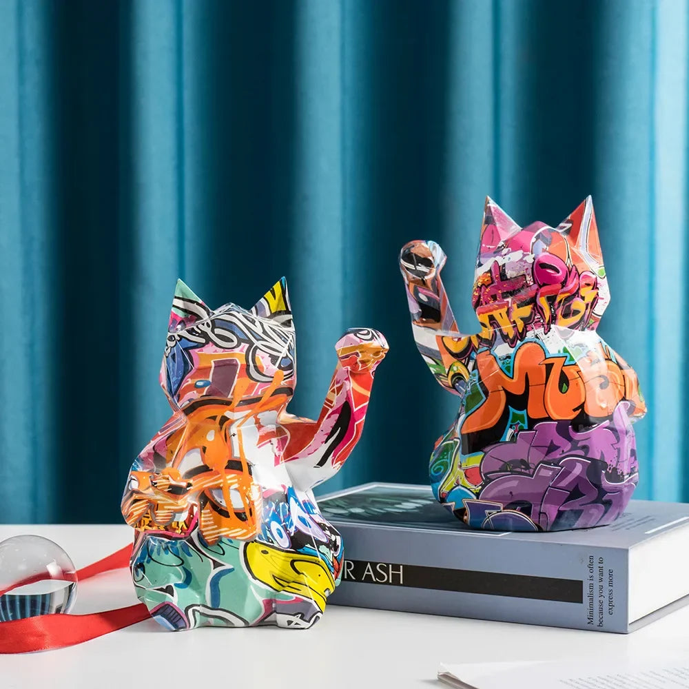 Nordic Geometric Lucky Cat Sculpture by Afralia™ - TV Home Decor Animal Statue
