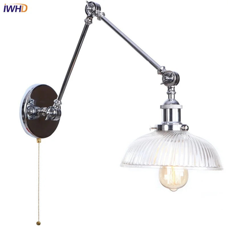Afralia™ Vintage Loft LED Wall Lights Pull Chain Switch Glass Chrome Wall Lamp