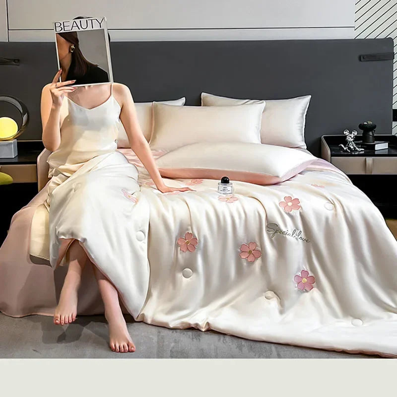 Afralia™ Washed Satin Embroidered Cool Blanket - Soft Skin-Friendly Summer Quilt