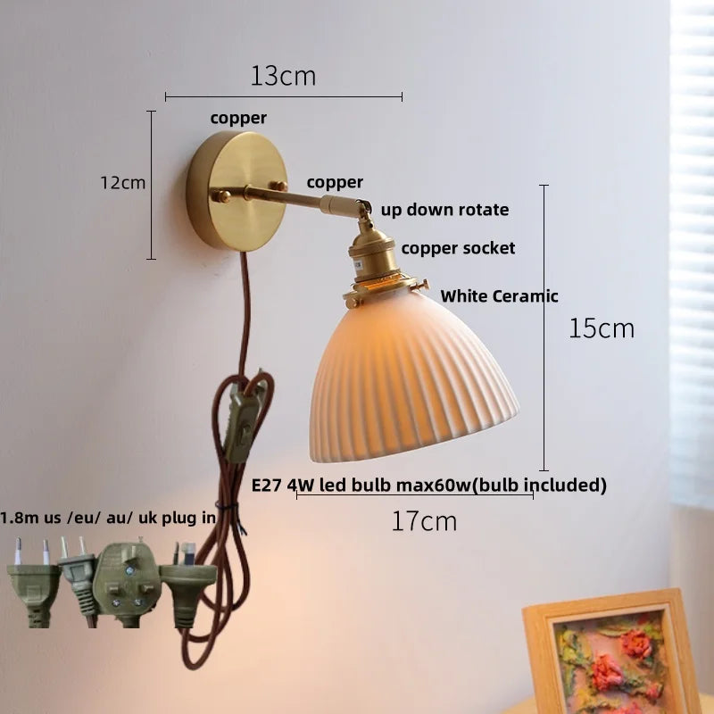 Afralia™ White Ceramic LED Wall Sconce with Pull Chain Switch, Rotating Design