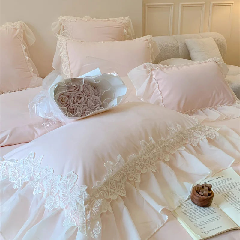 Afralia™ Pink Lace Butterfly Embroidery Bedding Set 4Pcs, Princess Wedding Theme