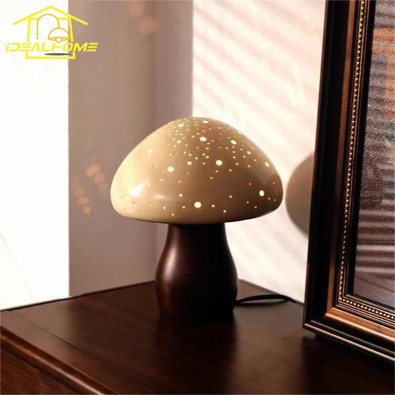 Afralia™ Ceramic Mushroom Table Lamp LED Wood Art Decor Desk Light