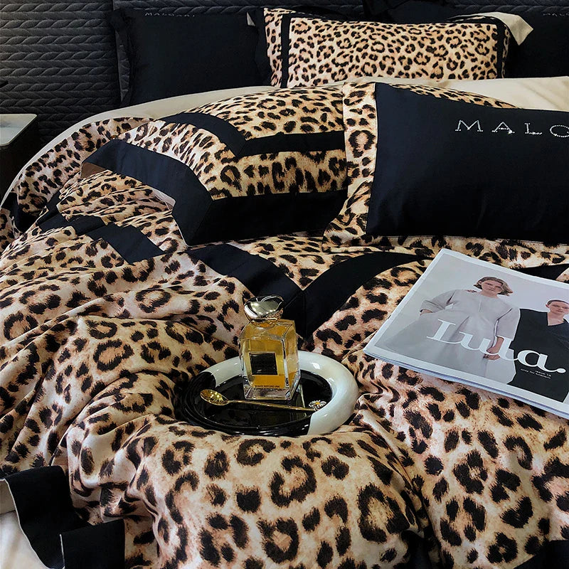 Afralia™ Leopard Print Lyocell Cotton Bedding Set, Luxury Duvet Cover, Sheet & Pillowcases