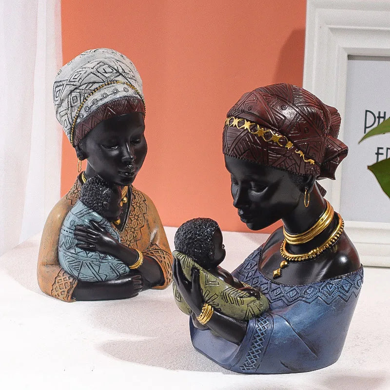 Afralia™ African Exotic Black Mother And Child Resin Statues Retro Figurines For Home Decor