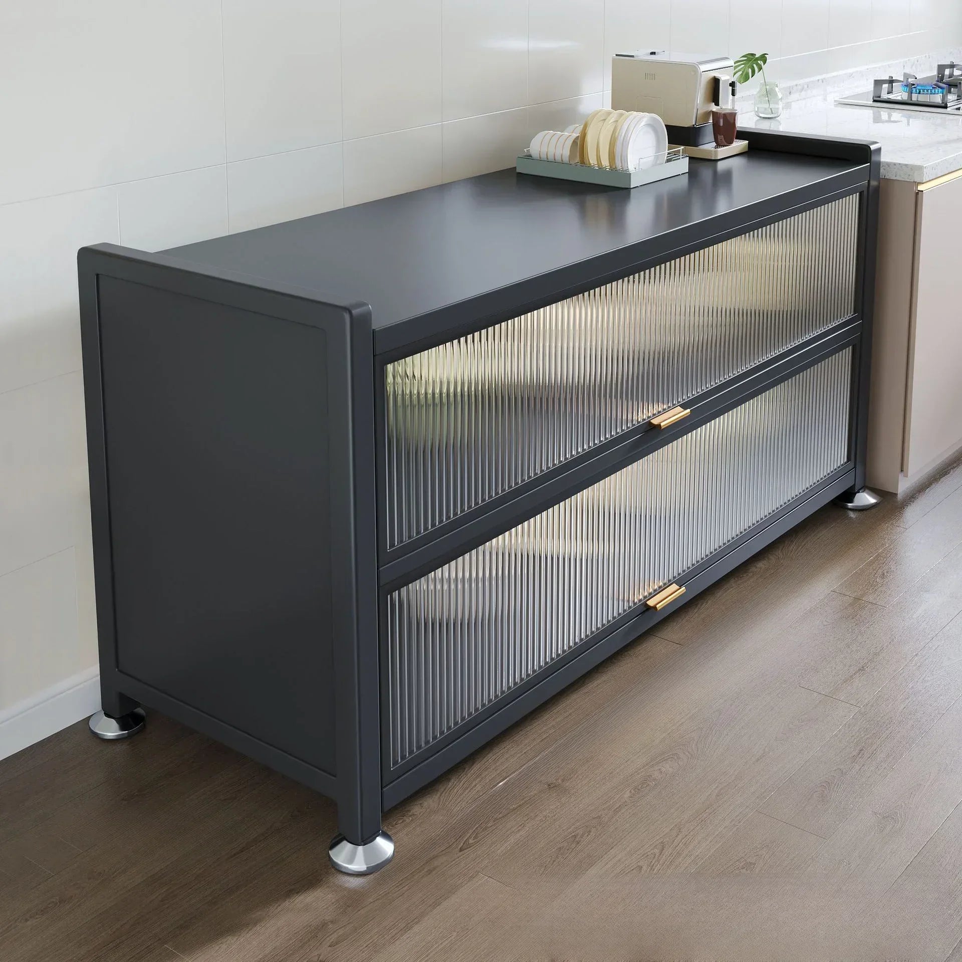 Afralia™ Multi-Storey Kitchen Storage Cabinet with Doors, Microwave Oven Rack & Bowl Organizer