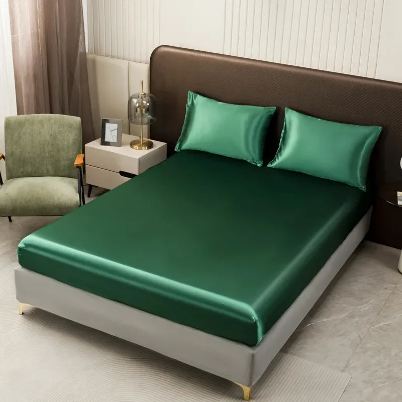 Afralia™ Silky Satin Fitted Sheet Set with Deep Pockets, Queen King Size Bedsheet + 2 Pillowcases