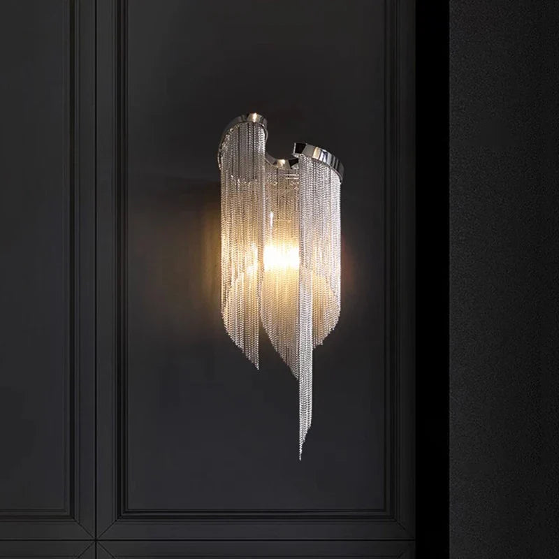 Afralia™ Chrome Chain Tassel Wall Sconce - Luxe Living Room Decor Fixture