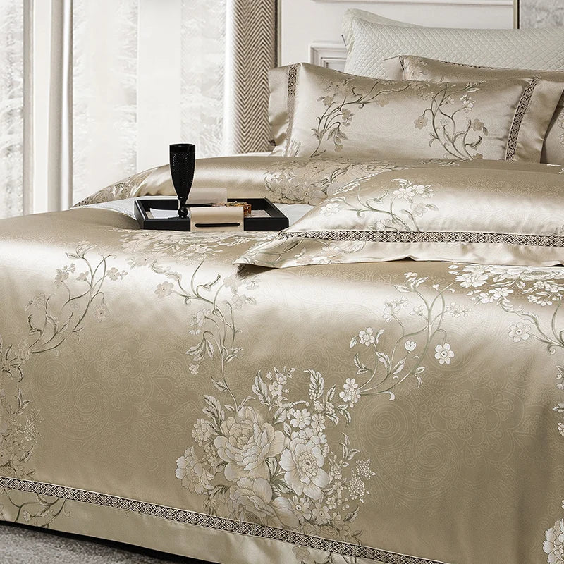 Afralia™ Peony Flowers Satin Jacquard Bedding Set, Luxurious Egyptian Cotton, Soft & Silky Quality
