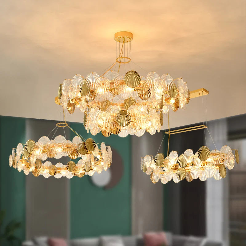 Afralia™ Shell Glass LED Ceiling Chandeliers Gold - Modern Living Room Decor