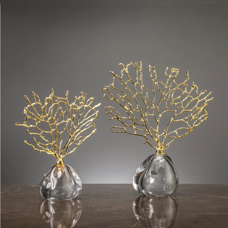 Afralia™ Coral Crystal Tree Glass Vase Metal Frame Resin Ocean Figurines, Home Decor