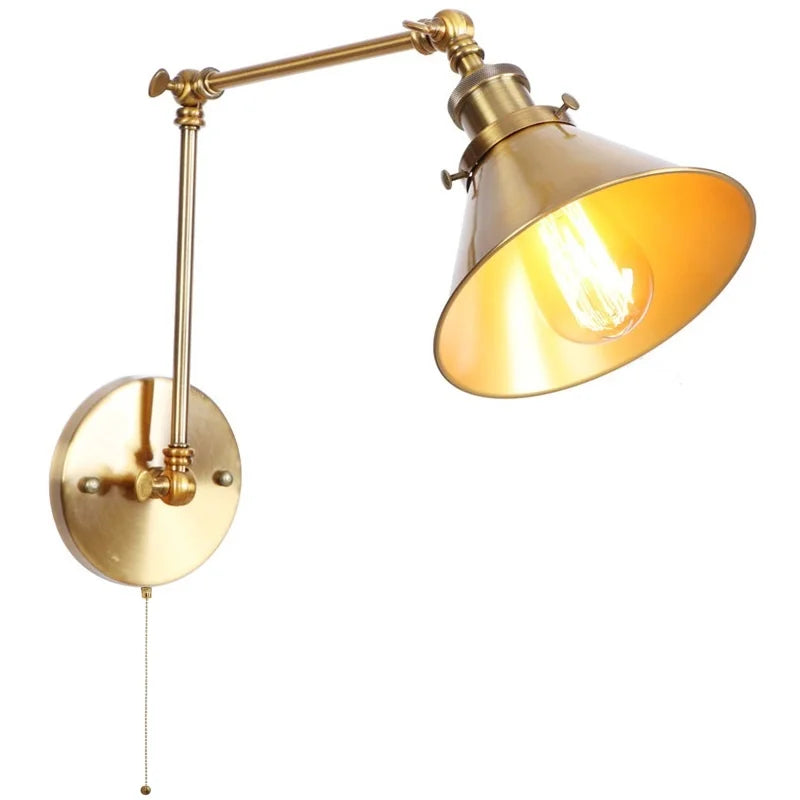 Afralia™ Gold Long Arm LED Wall Sconce with Pull Chain Switch, Adjustable Industrial Bedside Lamp