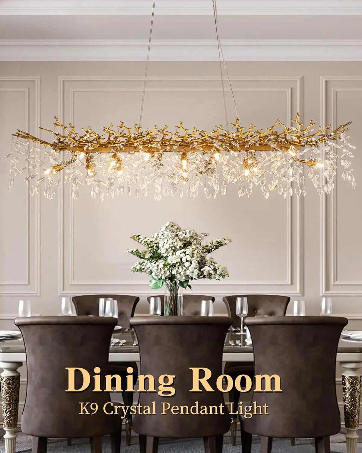 Afralia™ Black Branch Crystal Chandelier - Modern Rectangular Pendant Light for Dining Room-Living Room-Kitchen