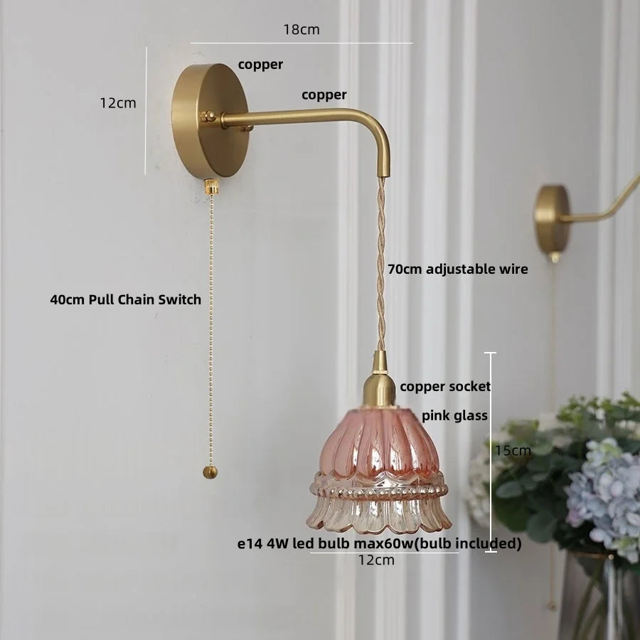 Afralia™ Amber Glass LED Wall Light Pull Chain Switch Modern Flower Sconce