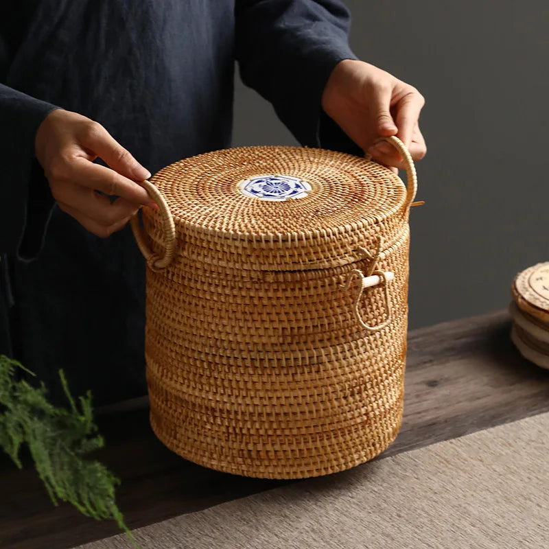 Afralia™ Rattan Tea Storage Box Green Tea Bag Organizer Puer Caddy Snack Canister