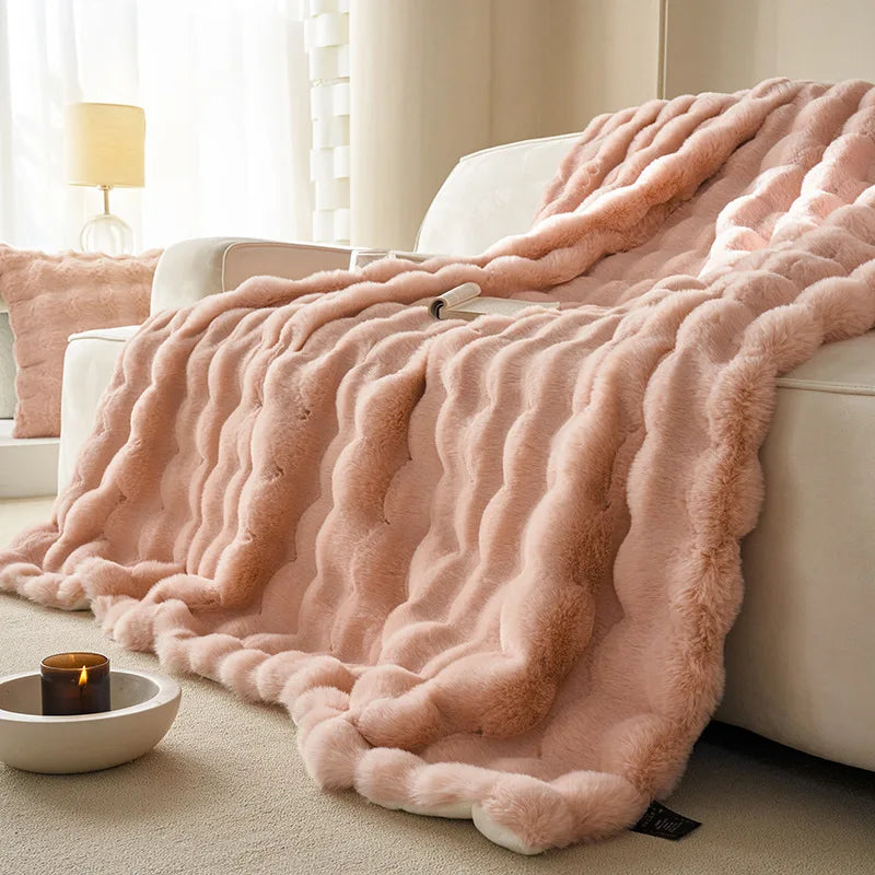 Afralia™ Luxe Faux Rabbit Fur Blanket in Solid Color - Cozy Sofa Cover for Autumn Winter