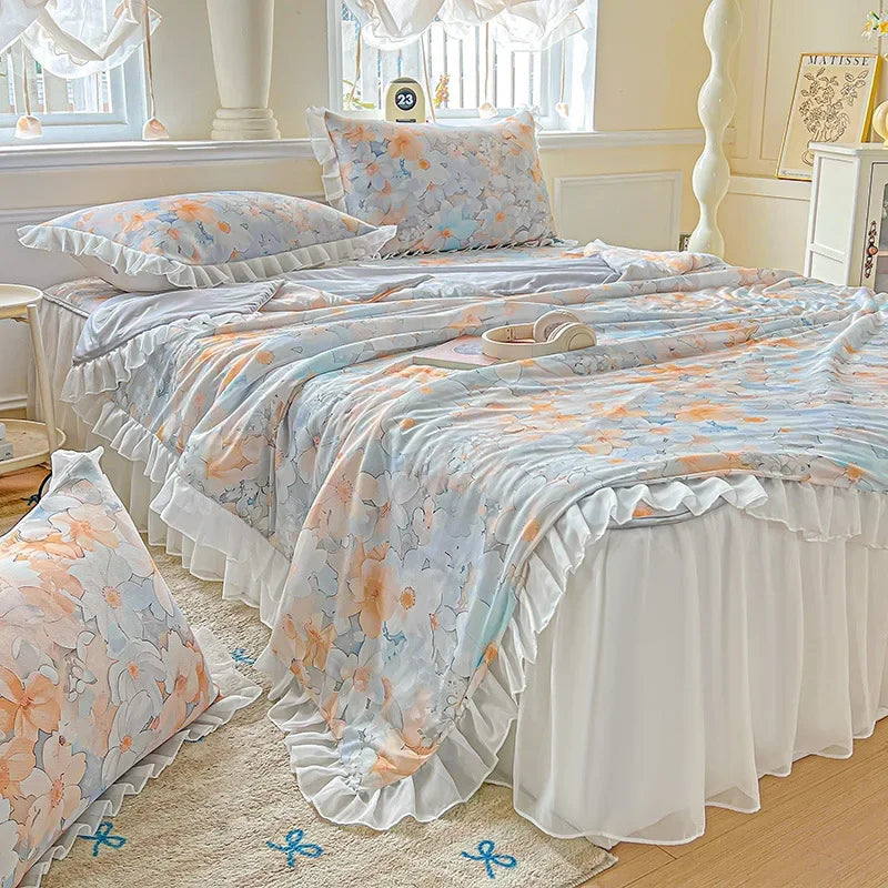 Afralia™ Floral Print Lace and Ruffle Summer Quilt: Skin-Friendly, Breathable Comforter