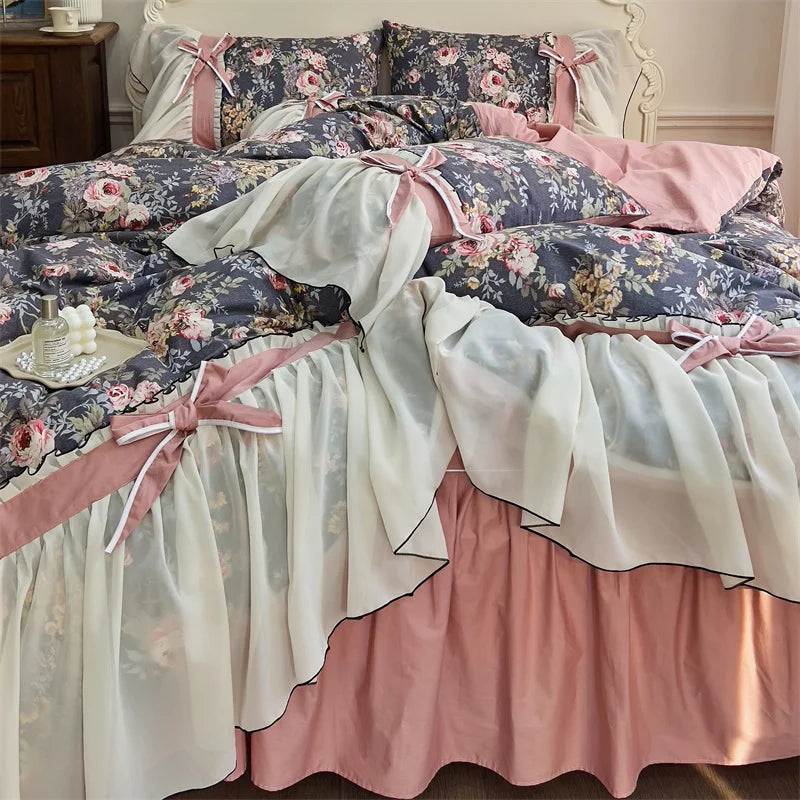 Afralia™ Chiffon Lace Ruffles Princess Egyptian Cotton Bedding Set