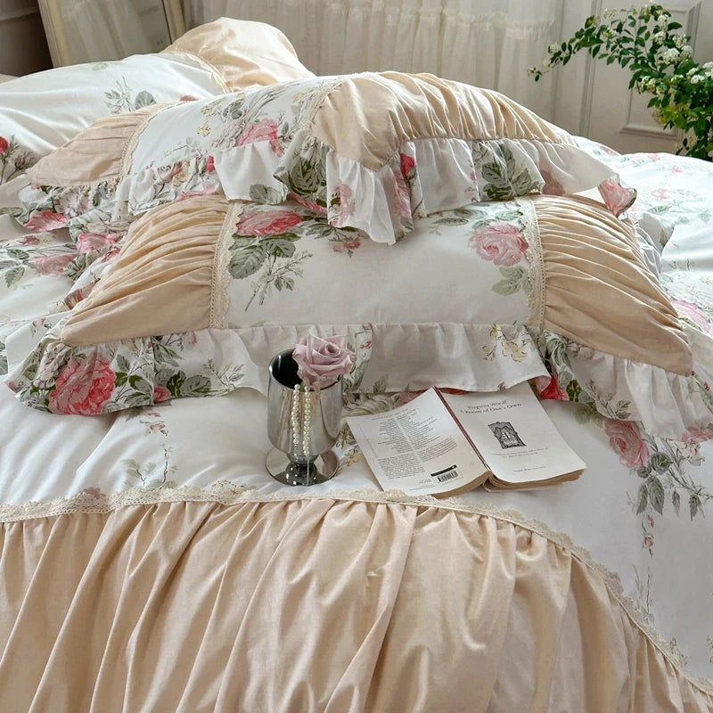 Afralia™ Korean Princess Style Floral Cotton Bedding Set with Ruffles