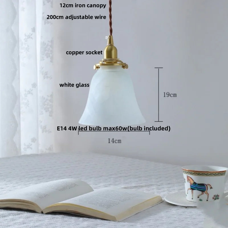 Afralia™ White Glass Copper LED Pendant Light Fixture for Study Bedroom Restaurant