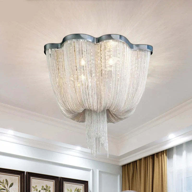 Afralia™ Chrome Art Luxury Chain Tassel LED Ceiling Lamp