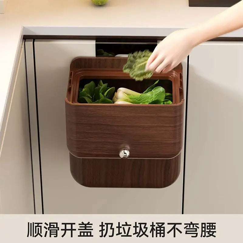 Afralia™ Antique Style Wood Grain Kitchen Trash Can with Lid, Hanging Type, Large Capacity