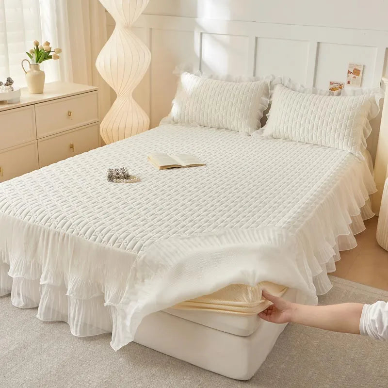 Afralia™ Lace Ruffles Cooling Bed Skirt Set with Pillowcases