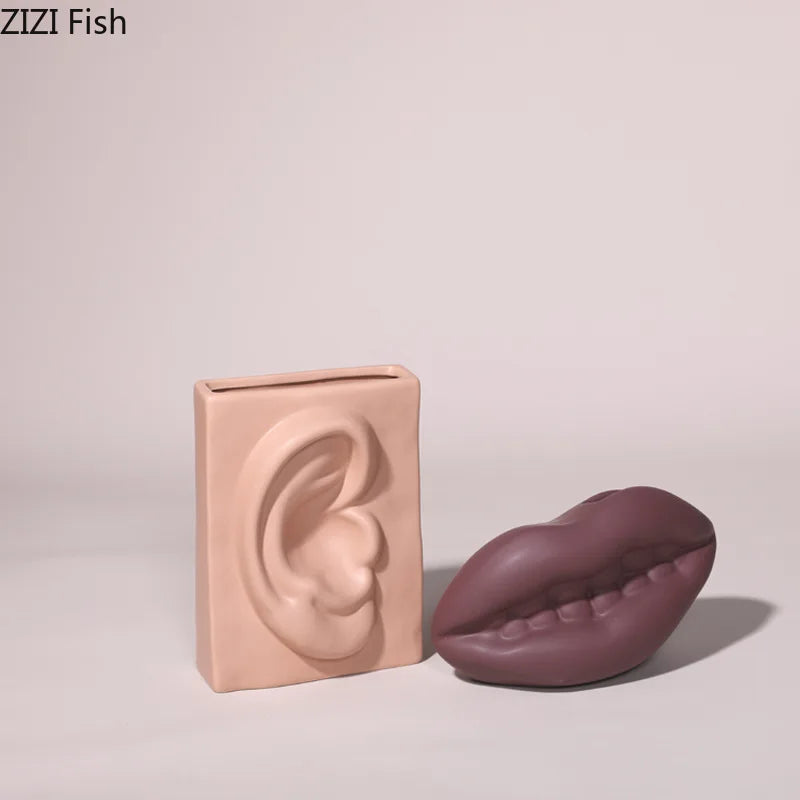Afralia™ Ceramic Vase with Ear, Eyes, and Mouth Design for Table Decoration