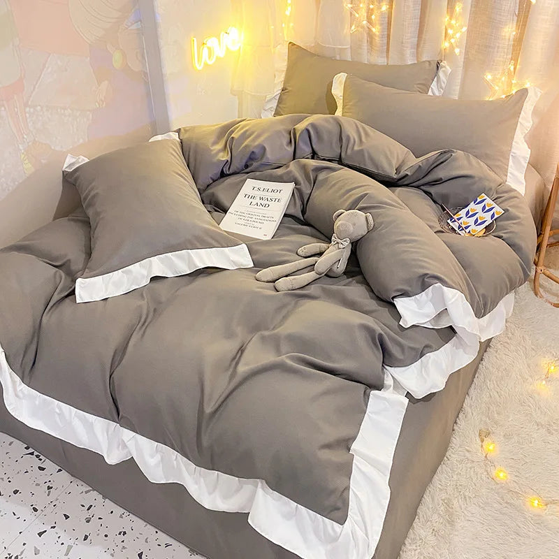 Afralia™ Pure Cotton Ruffle Edge Bedding Set in Solid Color, All Seasons, Single Queen Bed